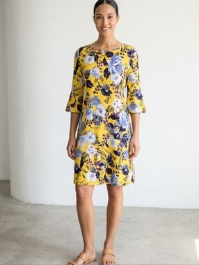 Alexandra + Oak Bright Yellow Floral Midi Dress with Blue Bloom Print Size S